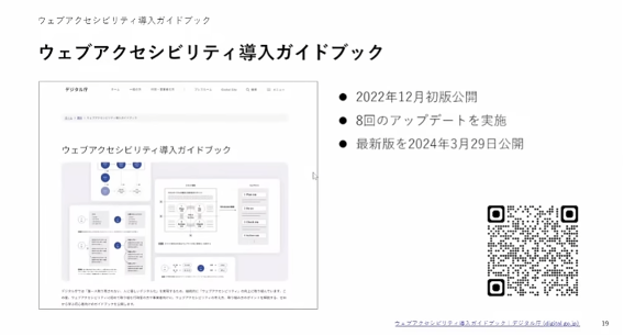 ウェブアクセシビリティ導入ガイドブックの説明スライド。左に掲載ページのスクリーンキャプチャ、右に箇条書きとQRコードが載っている。・2022年12月初版公開・8回のアップデートを実施・最新版を2024年3月29日公開