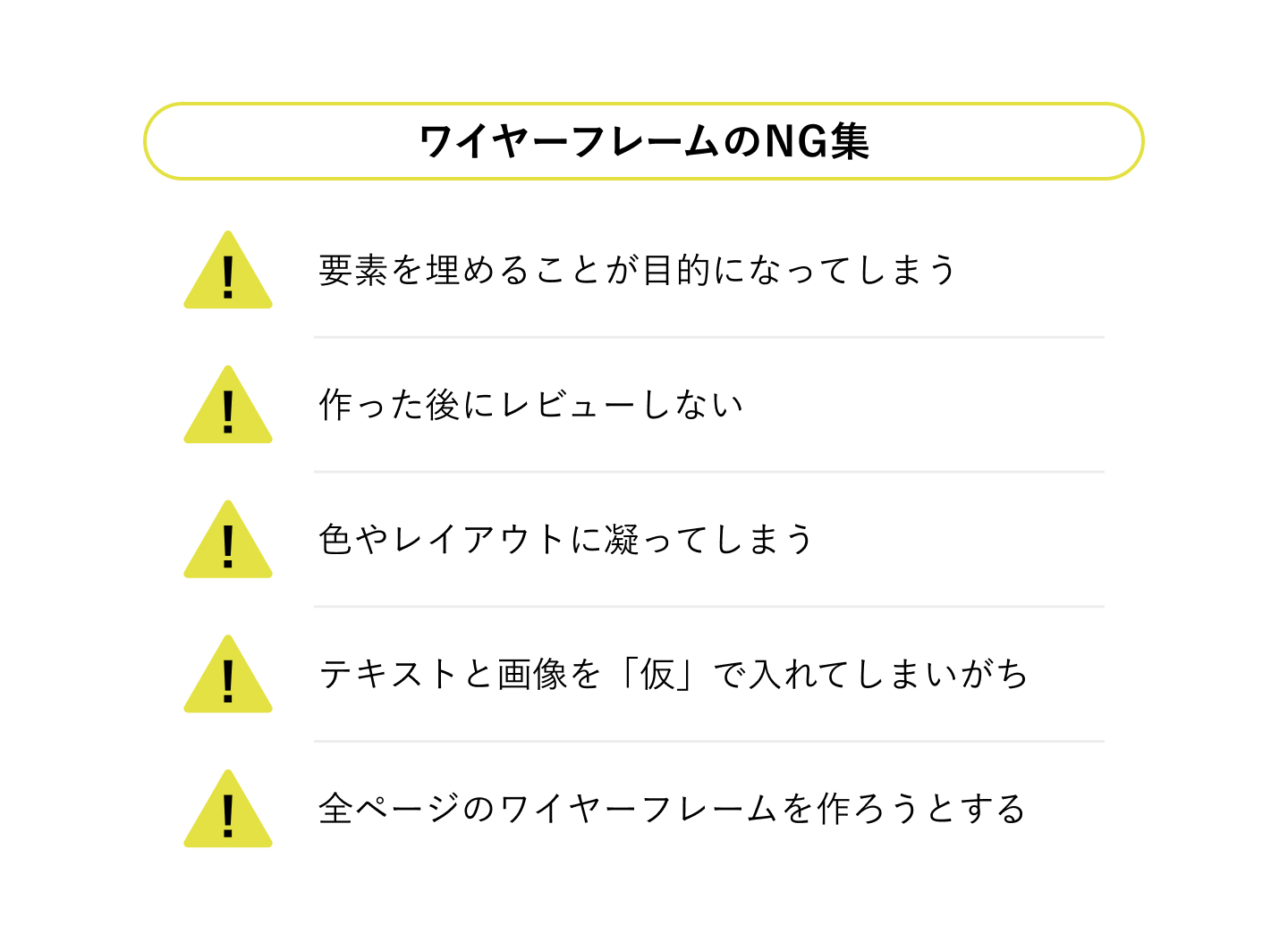 図面化したワイヤーフレームのNG集
ワイヤーフレームのNG集
・要素を埋めることが目的になってしまう
・作った後にレビューしない
・色やレイアウトに凝ってしまう
・テキストと画像を「仮」で入れてしまいがち
・全ページのワイヤーフレームを作ろうとする
